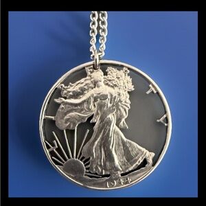 Walking Liberty Dollar Cut Coin 1944 Pendant Sterling Silver Chain 900 Coin